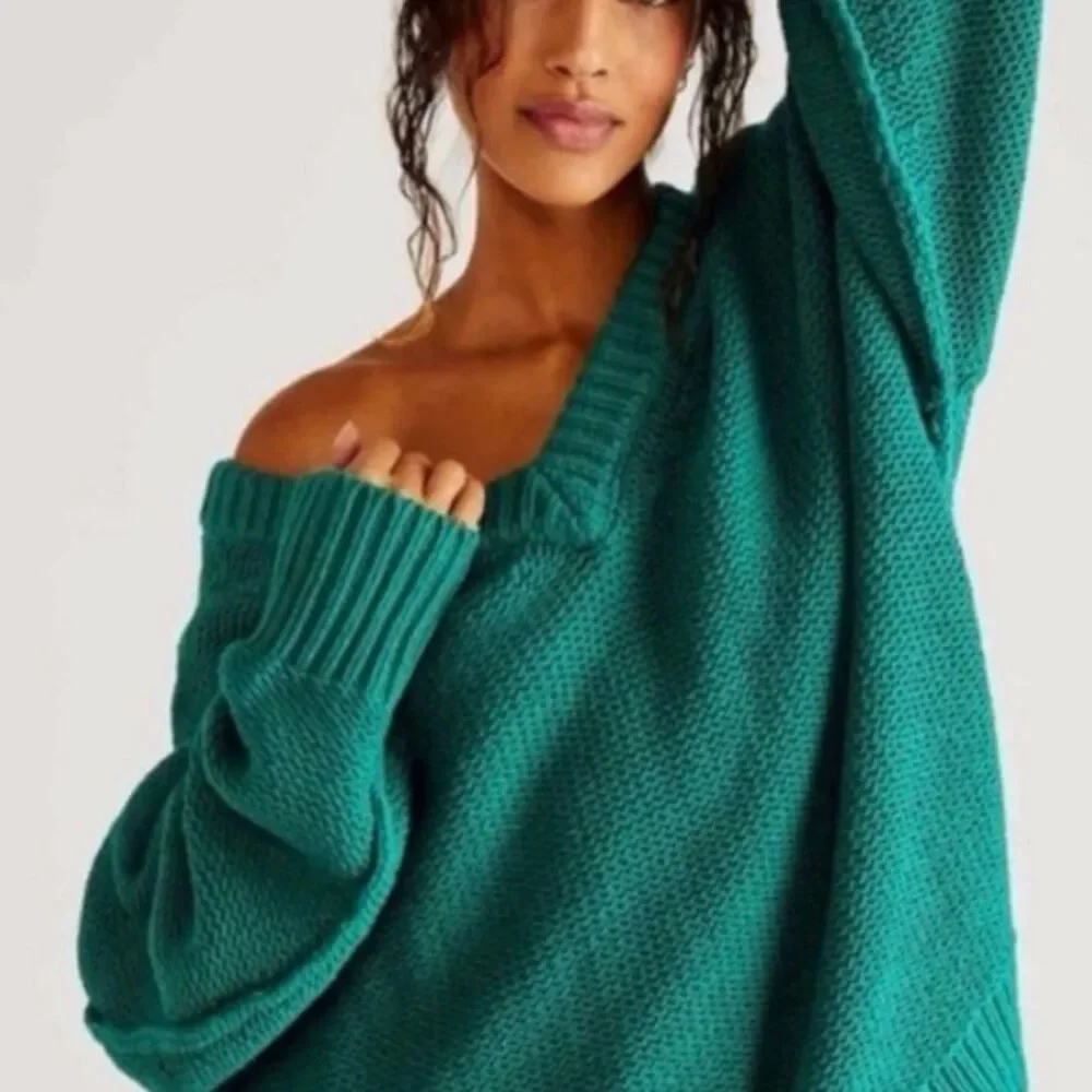 Free People Green Knit Alli V-Neck Mountain View Sweater OB1626643